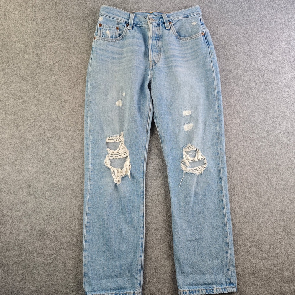 Levis 501 Crop Straight Leg Jeans Womens 25x26 Light Wash Distressed Button Fly